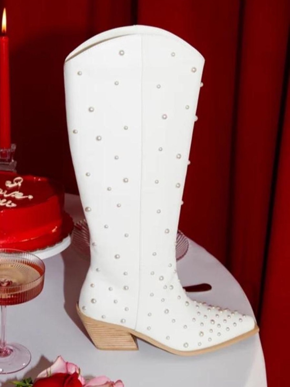 White Pearl-Embellished Knee Boot